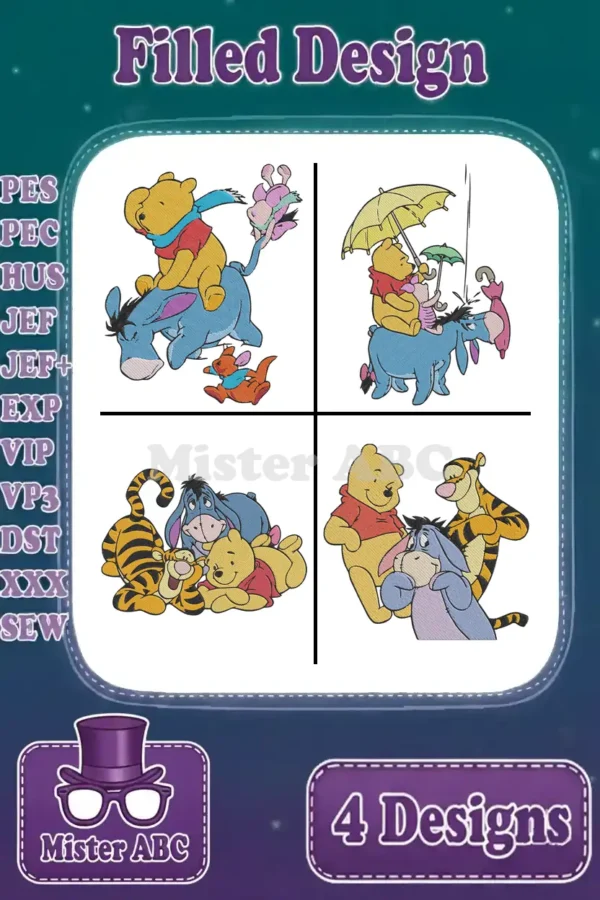 A collage of four vibrant filled embroidery designs featuring Winnie the Pooh and his friends in various playful scenes.