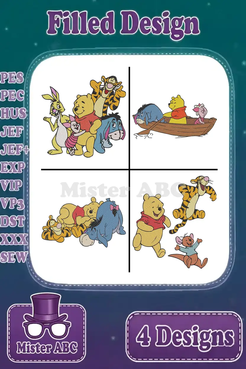 A collage of four distinct Winnie the Pooh filled embroidery designs, featuring Pooh, Tigger, Eeyore, Piglet, Rabbit, and Roo.