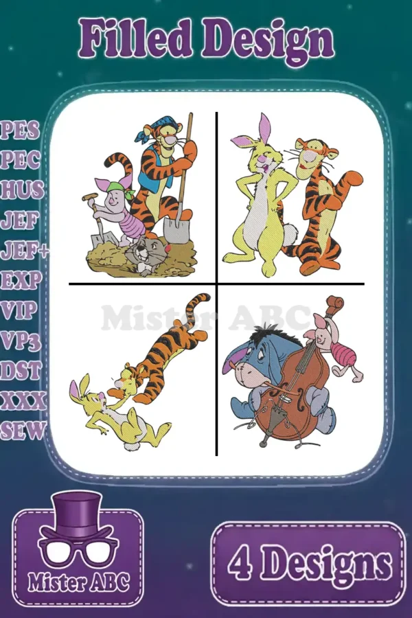 A vibrant display of four filled embroidery designs featuring Winnie the Pooh characters: Tigger, Piglet, Rabbit, Eeyore.