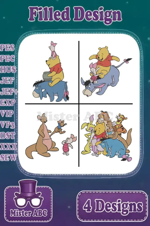 Four charming Winnie the Pooh filled embroidery designs: Pooh, Piglet, Eeyore, Kanga, Roo, Tigger, Rabbit, Owl.