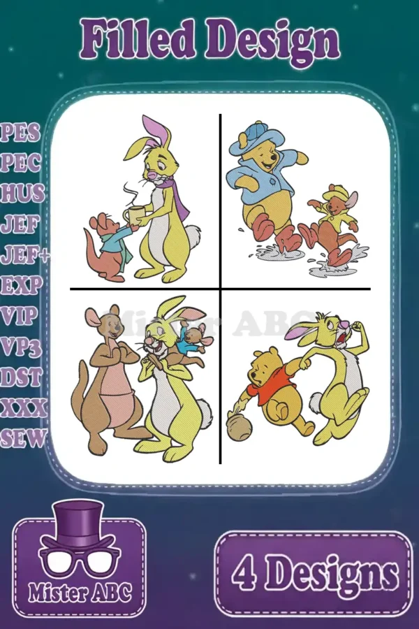 Four vibrant Winnie the Pooh filled embroidery designs, showcasing Pooh, Rabbit, Roo, and Eeyore in playful scenes.