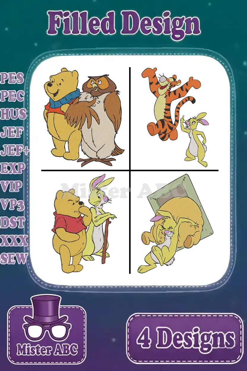 A vibrant display of four filled embroidery designs featuring Winnie the Pooh, Tigger, Rabbit, and Owl characters.