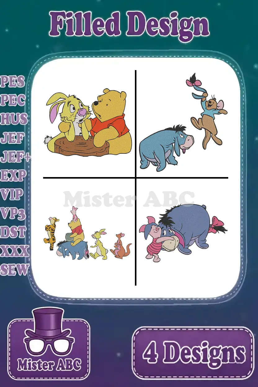 Four enchanting Winnie the Pooh filled embroidery designs, featuring Pooh, Eeyore, Piglet, and friends. Multiple formats listed.