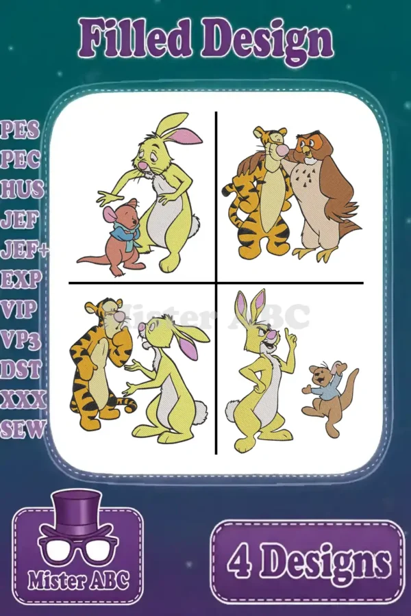 A vibrant main product image displaying four distinct filled embroidery designs featuring beloved Winnie the Pooh characters.
