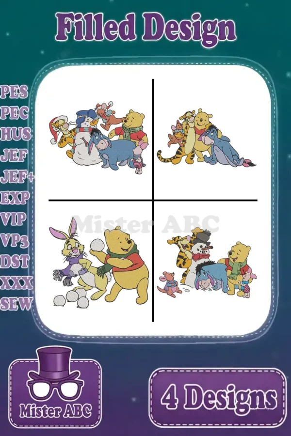 A vibrant compilation of four filled embroidery designs featuring Winnie the Pooh, Tigger, Eeyore, Piglet, and Rabbit, showcasing various poses.