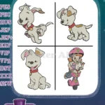 Pound Puppies Characters Puppy Dog Poses And Girl With Helmet And Cat - Filled Embroidery Design - Instant Download