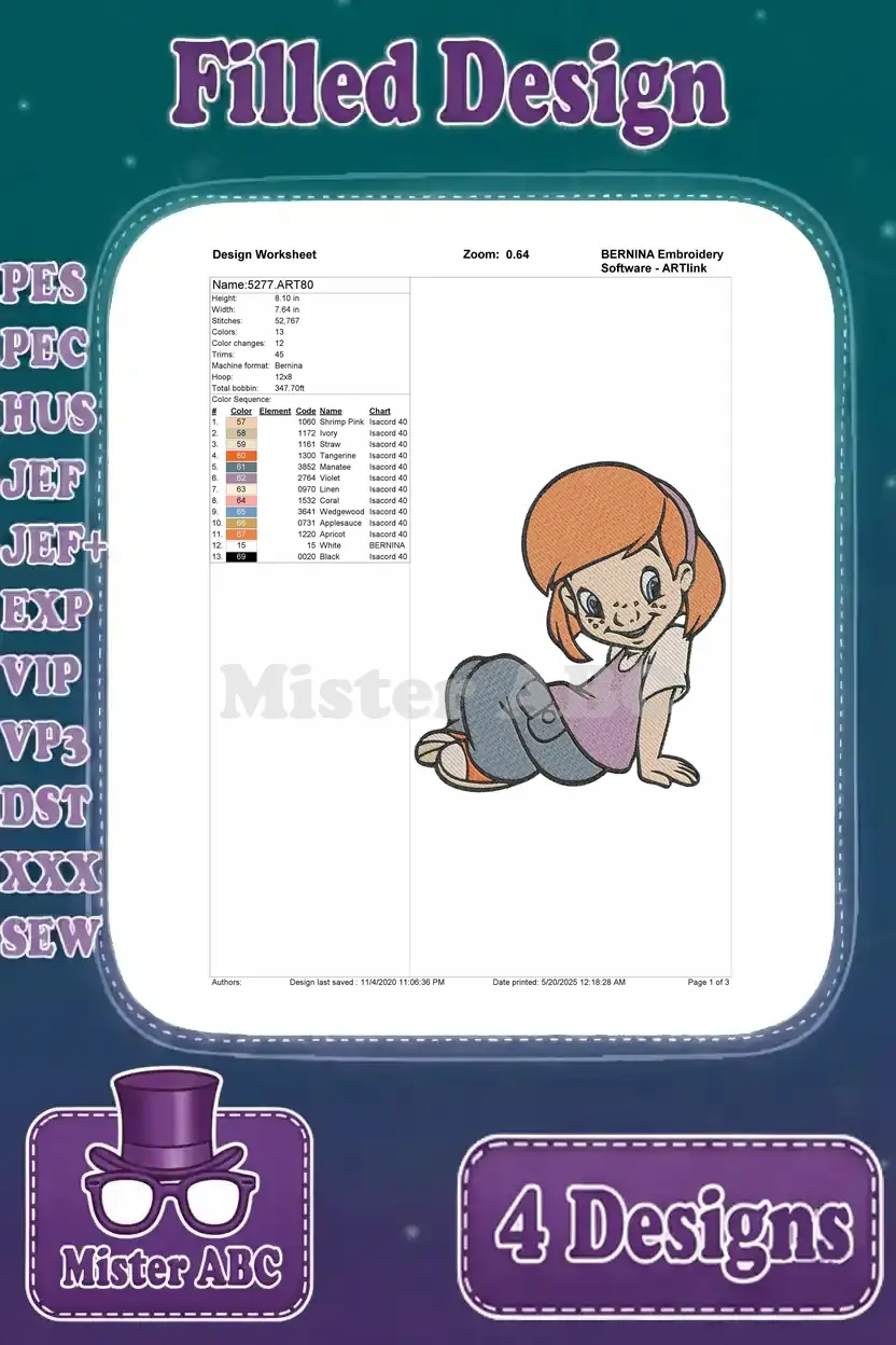 Detailed design worksheet for the first embroidery design, showing thread colors, stitch count, and sequence.