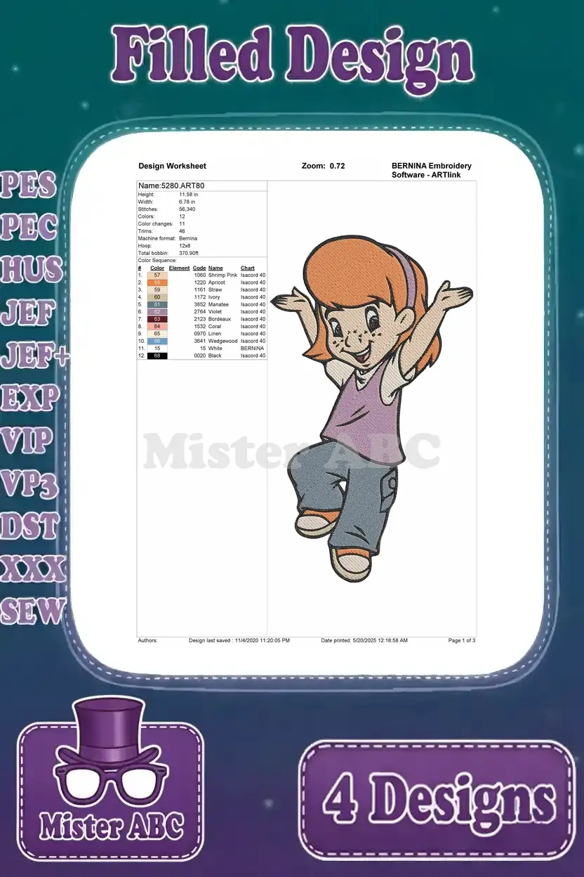 Detailed design worksheet for the fourth embroidery design, showing thread colors, stitch count, and sequence.