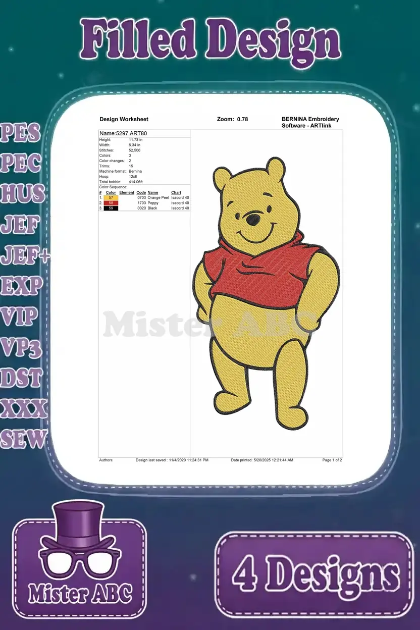 Detailed design worksheet for the standing Winnie the Pooh embroidery, showing stitch count and color sequence.