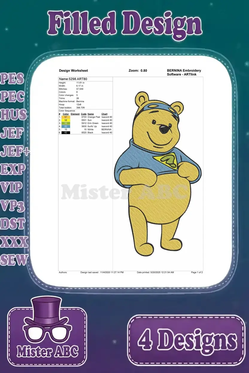 Detailed design worksheet for the superhero Winnie the Pooh embroidery, showing stitch count and color sequence.
