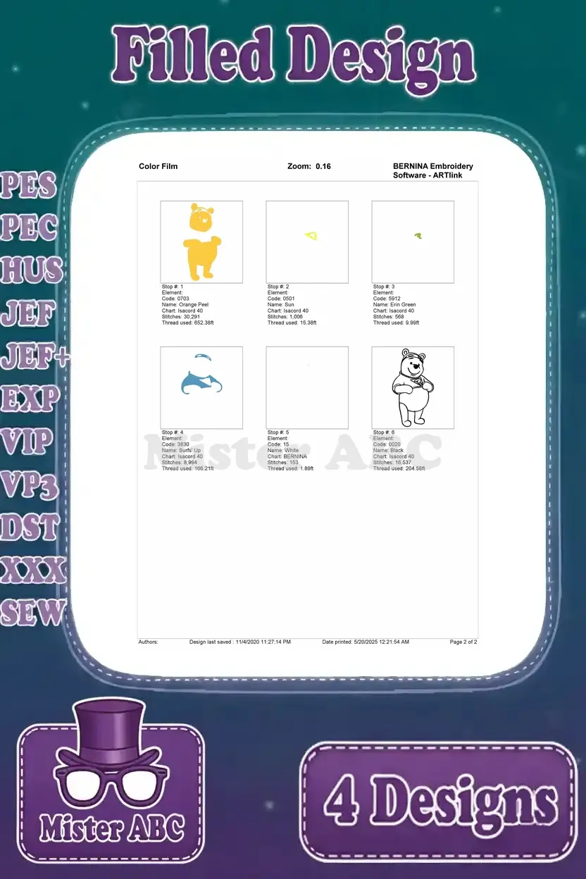 Color film for the superhero Winnie the Pooh embroidery design, illustrating the stitch sequence and color separation.