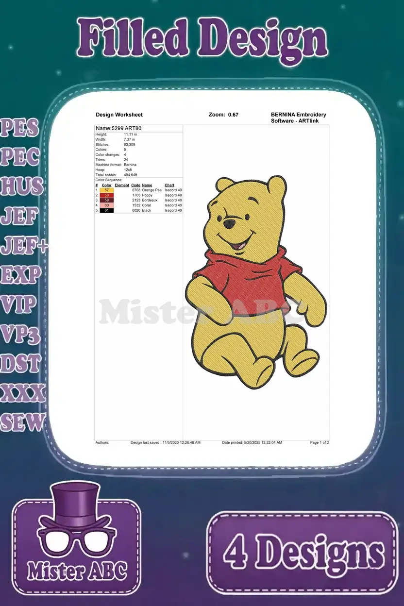 Detailed design worksheet for the sitting Winnie the Pooh embroidery, showing stitch count and color sequence.