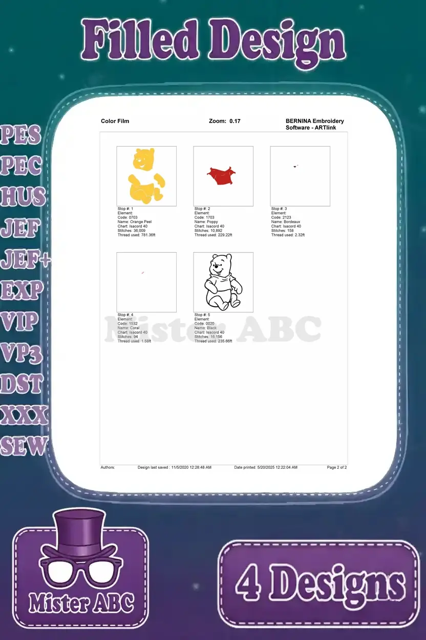 Color film for the sitting Winnie the Pooh embroidery design, illustrating the stitch sequence and color separation.