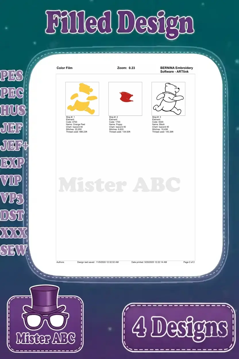 Color film for the running Winnie the Pooh embroidery design, illustrating the stitch sequence and color separation.