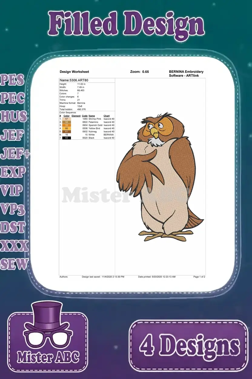 Design worksheet for the second expressive owl embroidery, showing stitch details and color sequence on white.