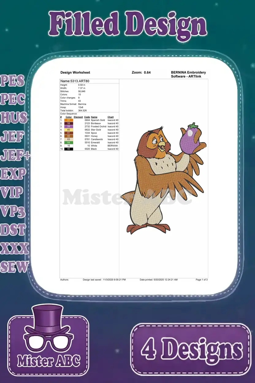 Detailed design worksheet for the Professor Owl holding an eggplant embroidery, showing stitch count and color sequence.
