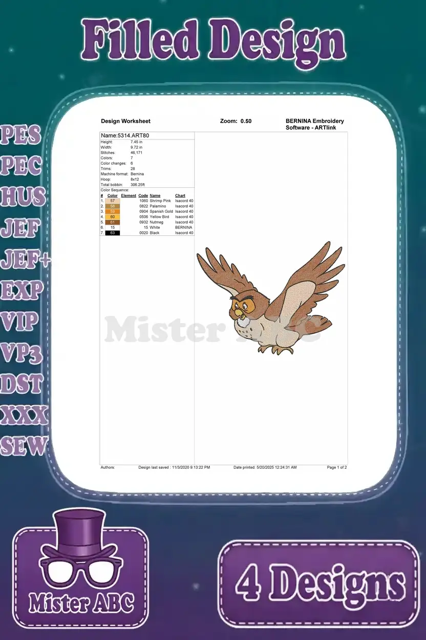 Detailed design worksheet for the flying Professor Owl embroidery, showing stitch count, color sequence, and hoop size.