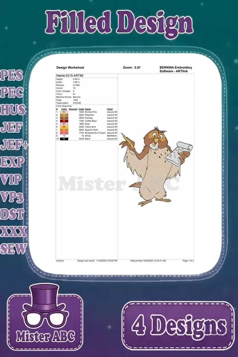 Detailed design worksheet for Professor Owl with quill and scroll embroidery, showing stitch count and color sequence.