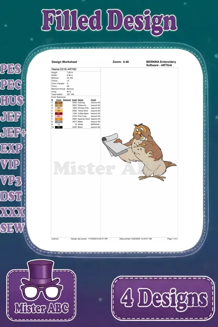 Detailed design worksheet for Professor Owl with scroll embroidery, showing stitch count, color sequence, and hoop size.