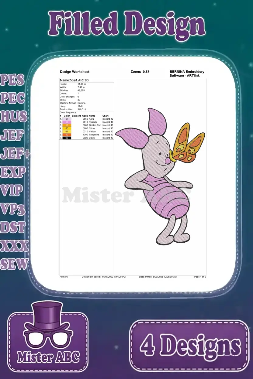 Detailed design worksheet for the second Piglet embroidery, with a butterfly on his nose, showing stitch data.