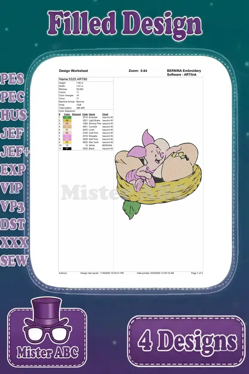 Detailed design worksheet for the third Piglet embroidery, nestled in a bird's nest, showing stitch data.