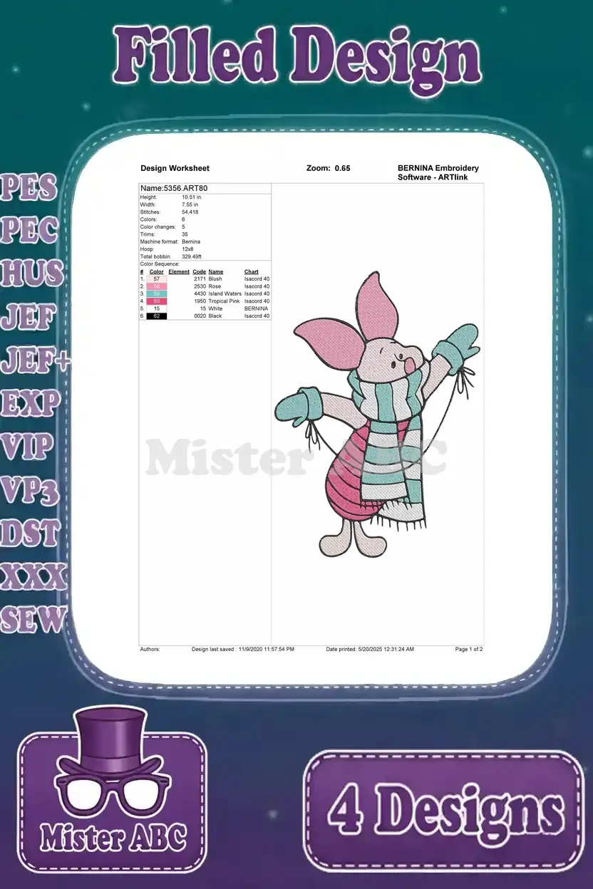 Design worksheet for a cozy Piglet wearing a striped scarf and mittens, detailing stitch count and color information.