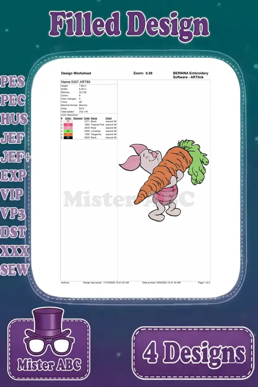Comprehensive design worksheet for a Piglet holding a large carrot, detailing stitch count, colors, and hoop size.