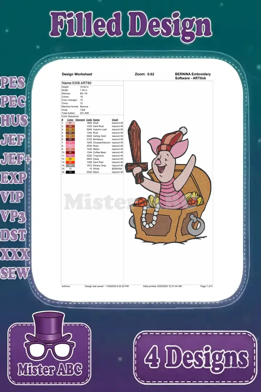 Detailed design worksheet for a Pirate Piglet with a treasure chest, showing stitch count, colors, and hoop size.