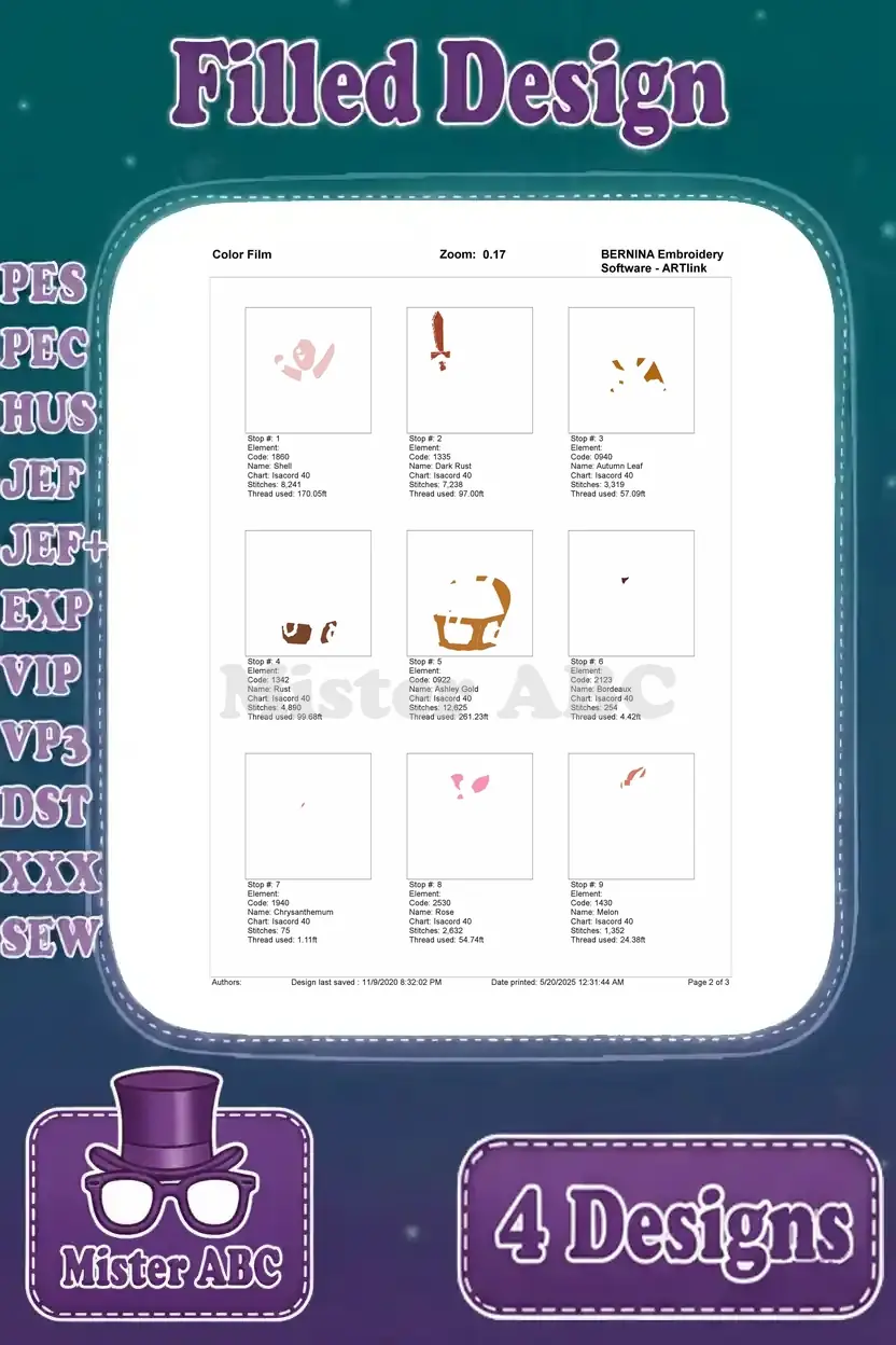 First page of the color film for the Pirate Piglet and treasure chest embroidery, detailing initial stitch layers.