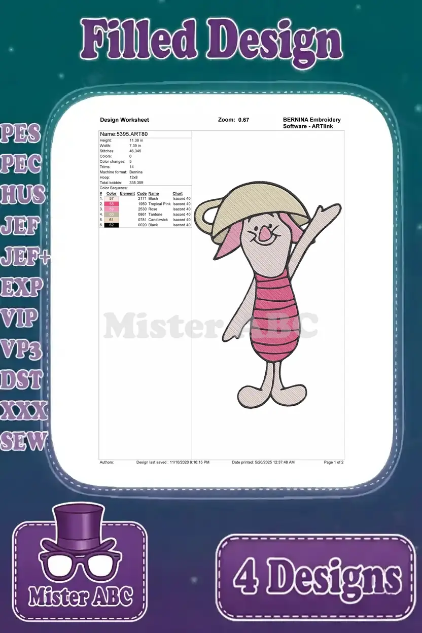 Design worksheet for Piglet with a cup on his head, detailing stitch count, color changes, and thread colors. Essential for accurate embroidery.