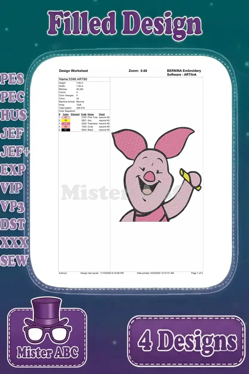 Design worksheet for a cheerful Piglet holding a yellow crayon, detailing stitch count, color changes, and thread colors for embroidery.