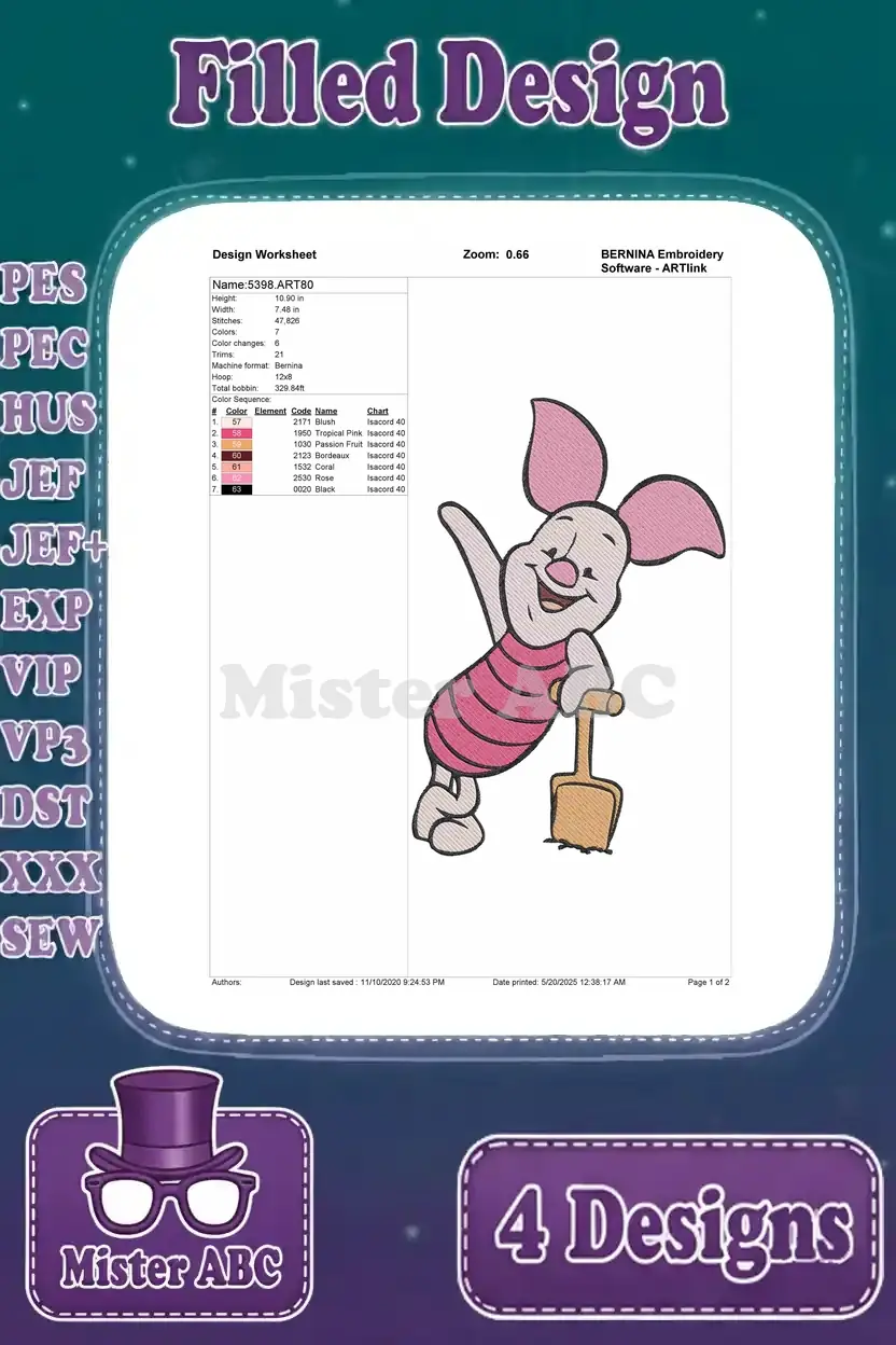 Design worksheet for an adventurous Piglet holding a shovel, detailing stitch count, color changes, and thread colors for embroidery.