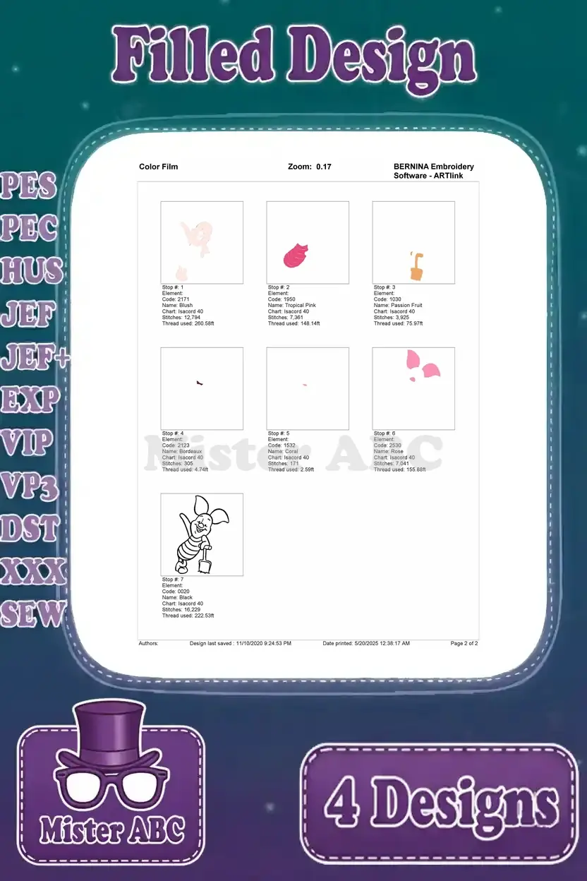 Color film for the adventurous Piglet design holding a shovel, illustrating the exact stitch sequence and color application for perfect results.