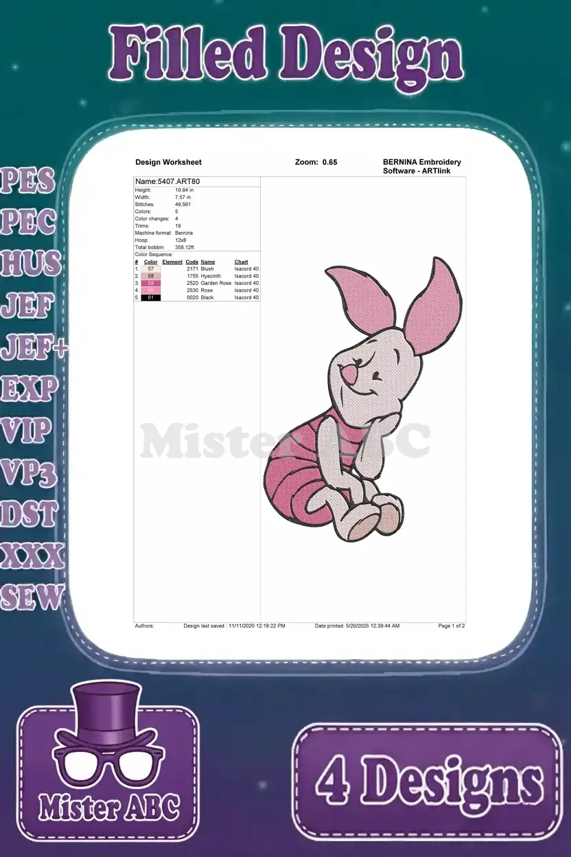 Detailed design worksheet for a Piglet embroidery design, showing thread colors, stitch count, and dimensions.
