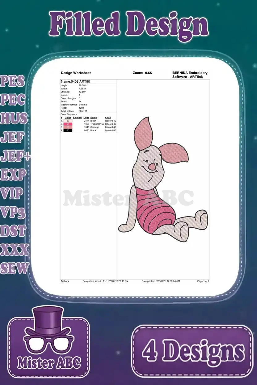 Design worksheet for the second Piglet embroidery design, detailing thread colors, stitch count, and dimensions.