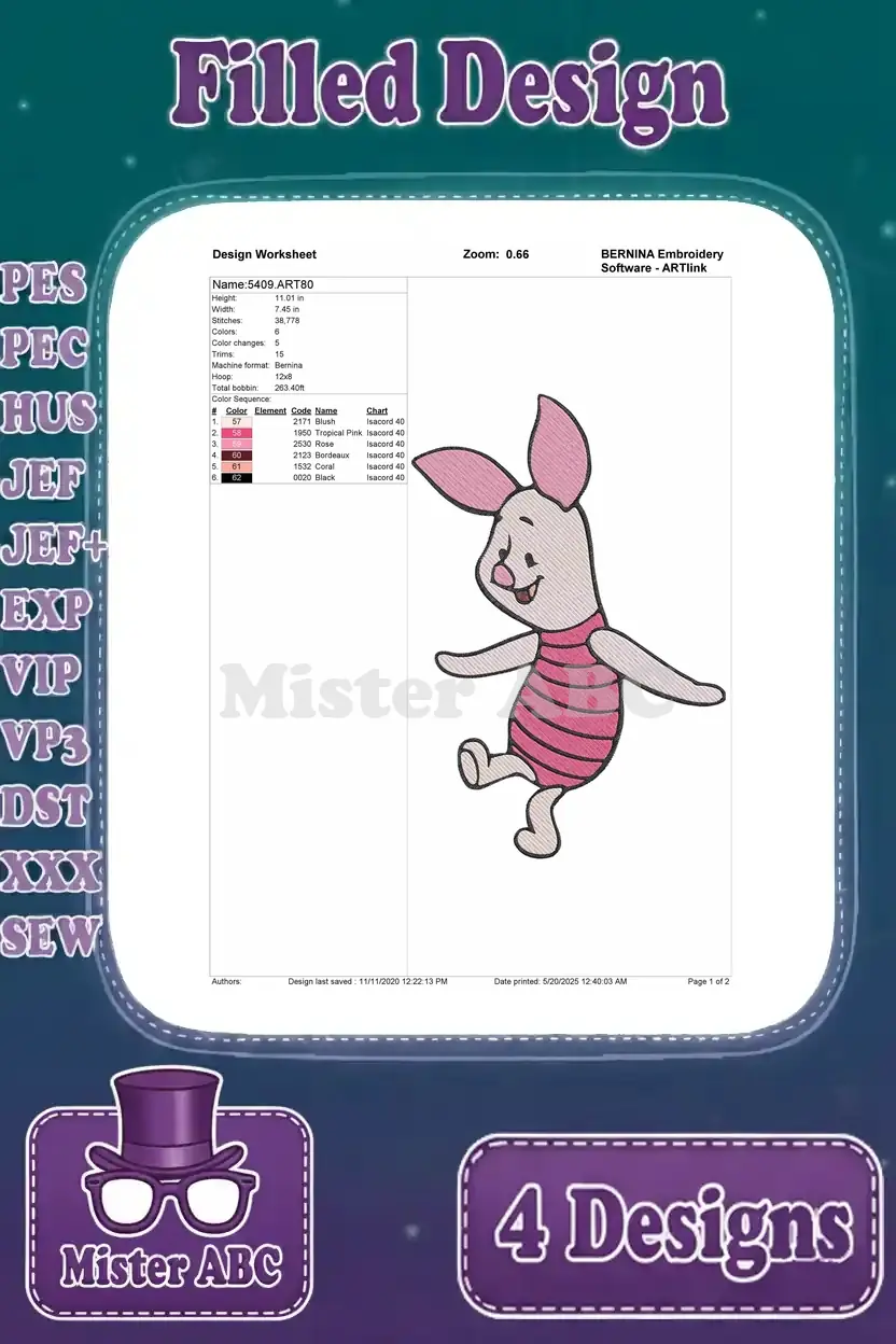 Design worksheet for the third Piglet embroidery design, showing thread colors, stitch count, and dimensions.