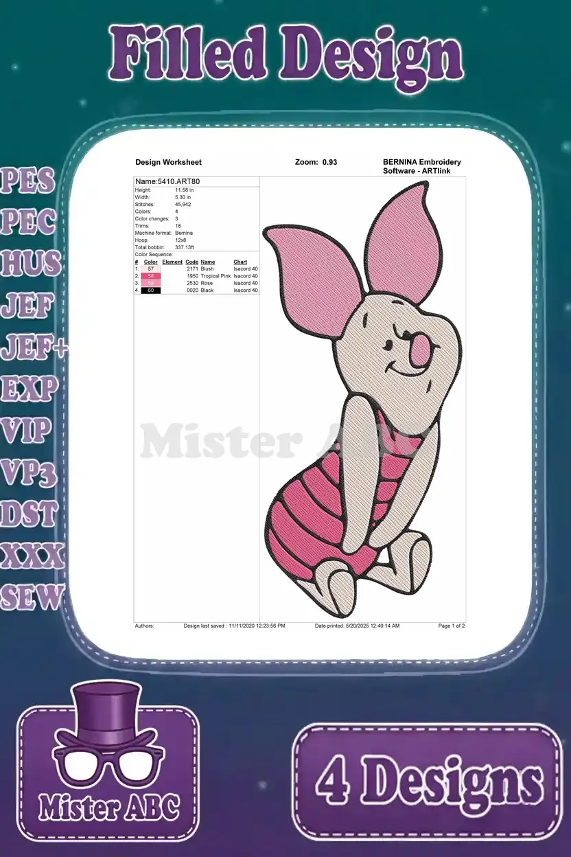 Design worksheet for the fourth Piglet embroidery design, detailing thread colors, stitch count, and dimensions.