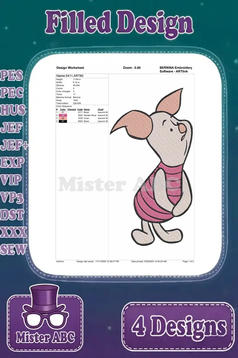 A design worksheet for a Piglet embroidery design, detailing stitch count, color changes, and thread information.
