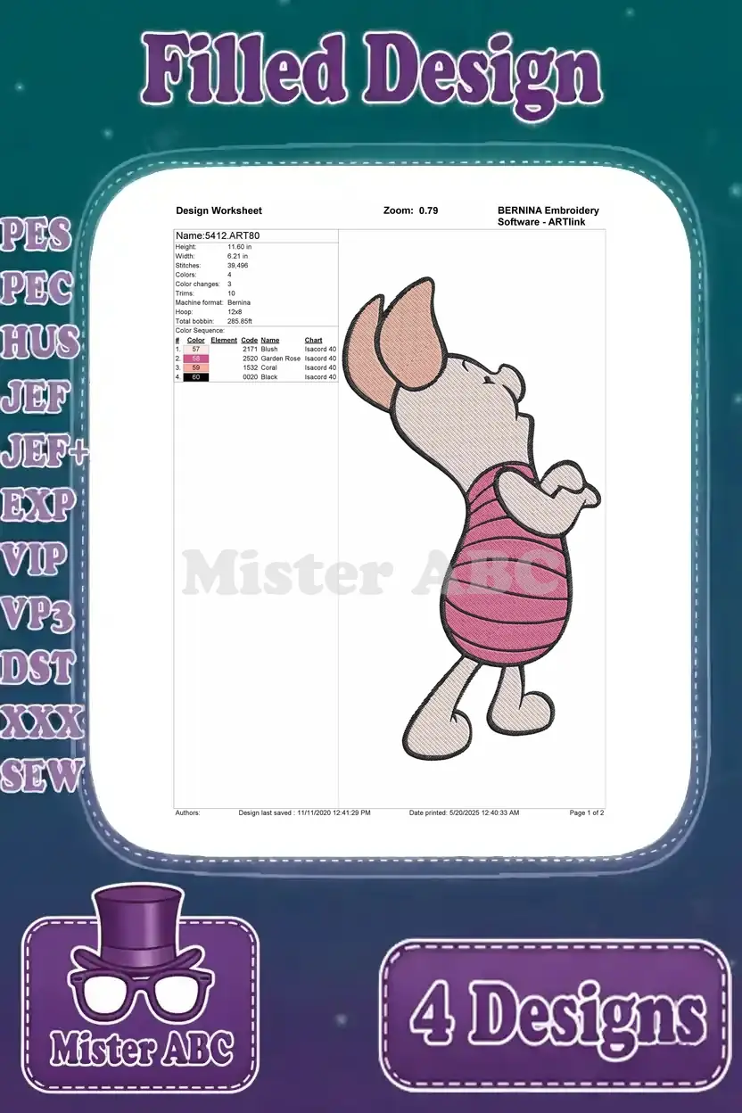 A design worksheet for a Piglet embroidery design, detailing stitch count, color changes, and thread information.