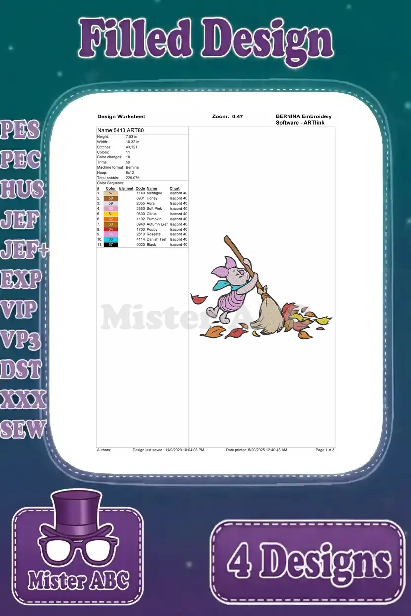 A design worksheet for a Piglet embroidery design, showing Piglet sweeping autumn leaves, with color details.