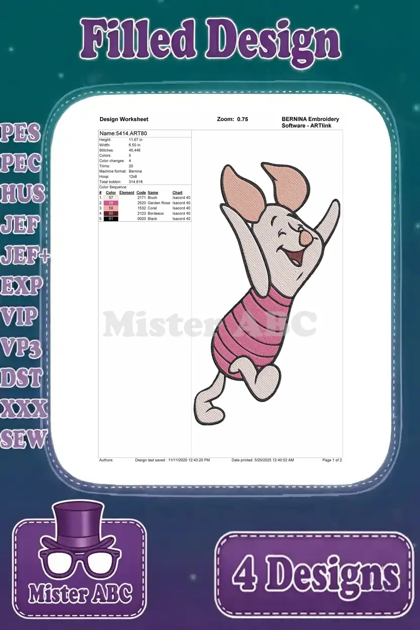 A design worksheet for a Piglet embroidery design, showing Piglet jumping with joy, with color details.