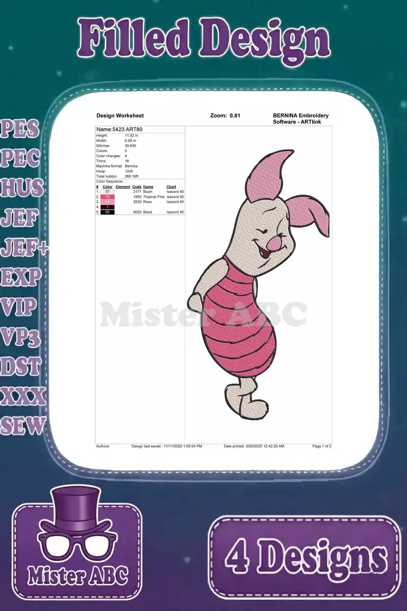 Detailed design worksheet for a smiling Piglet embroidery, showing stitch count, colors, and hoop size specifications.
