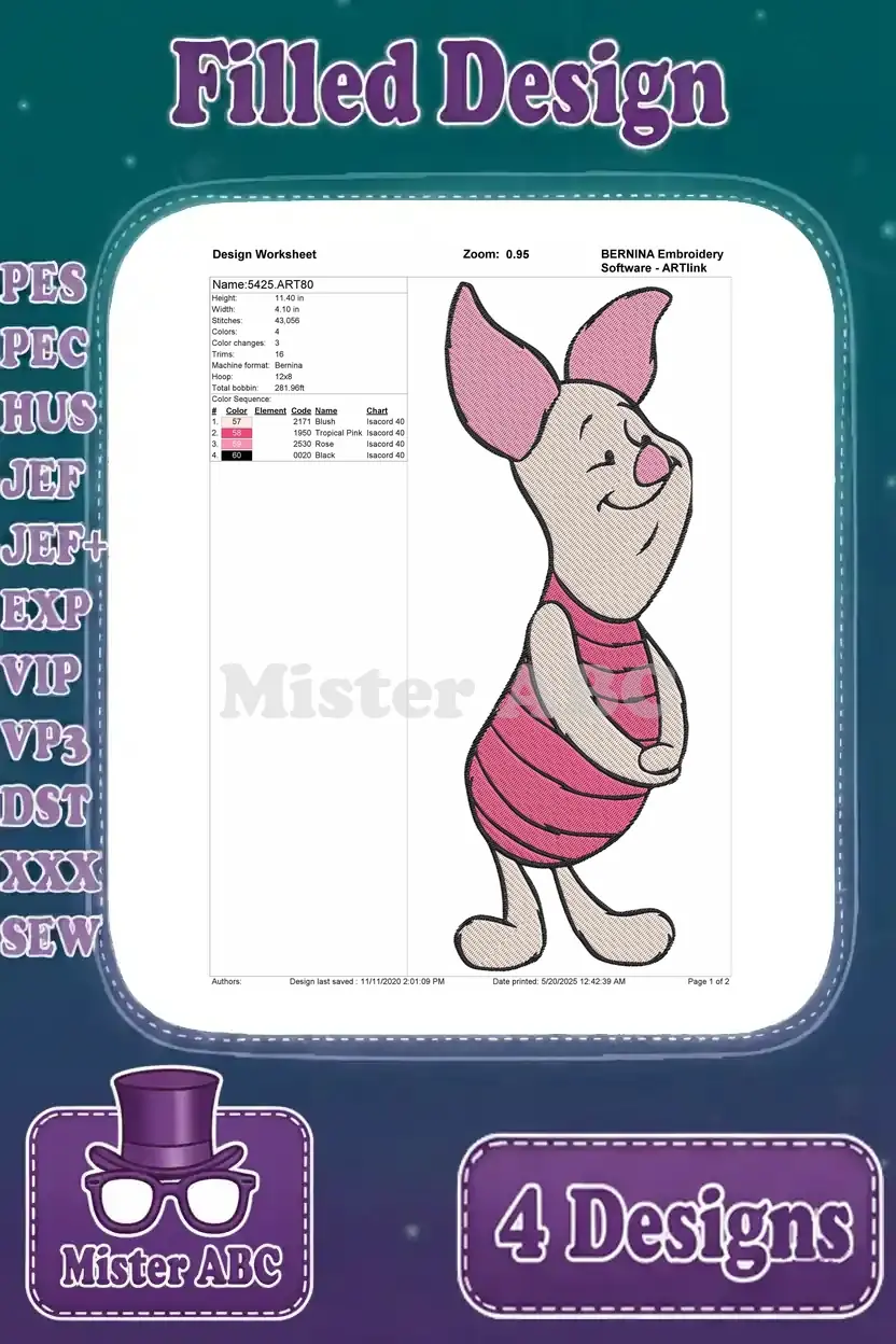 Design worksheet for Piglet standing with hands on belly, detailing stitch count, colors, and hoop size specifications.