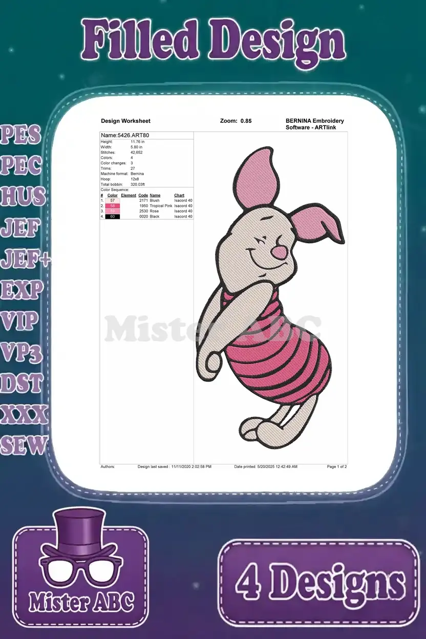 Design worksheet for Piglet leaning back smiling, detailing stitch count, thread colors, and hoop size guidelines.