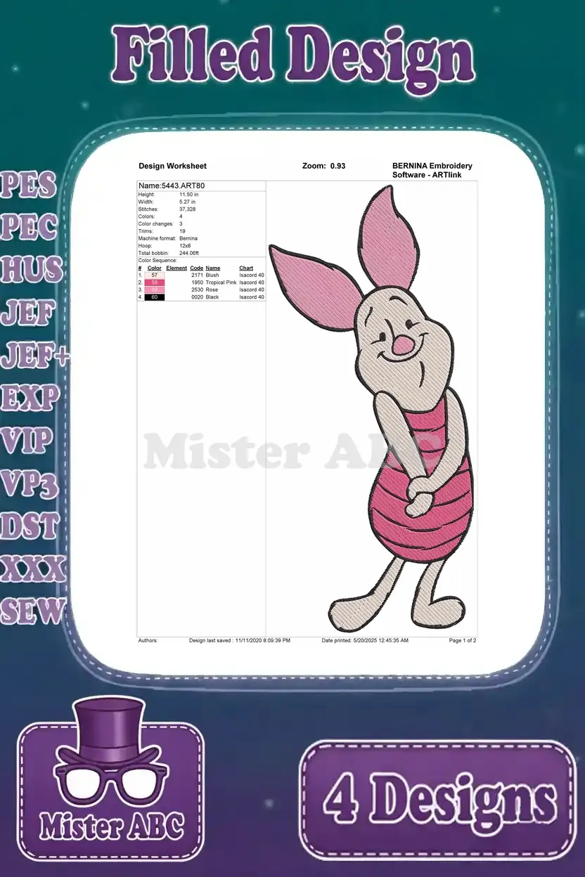 Detailed design worksheet for a filled embroidery of Piglet standing with clasped hands, showing stitch counts and colors.