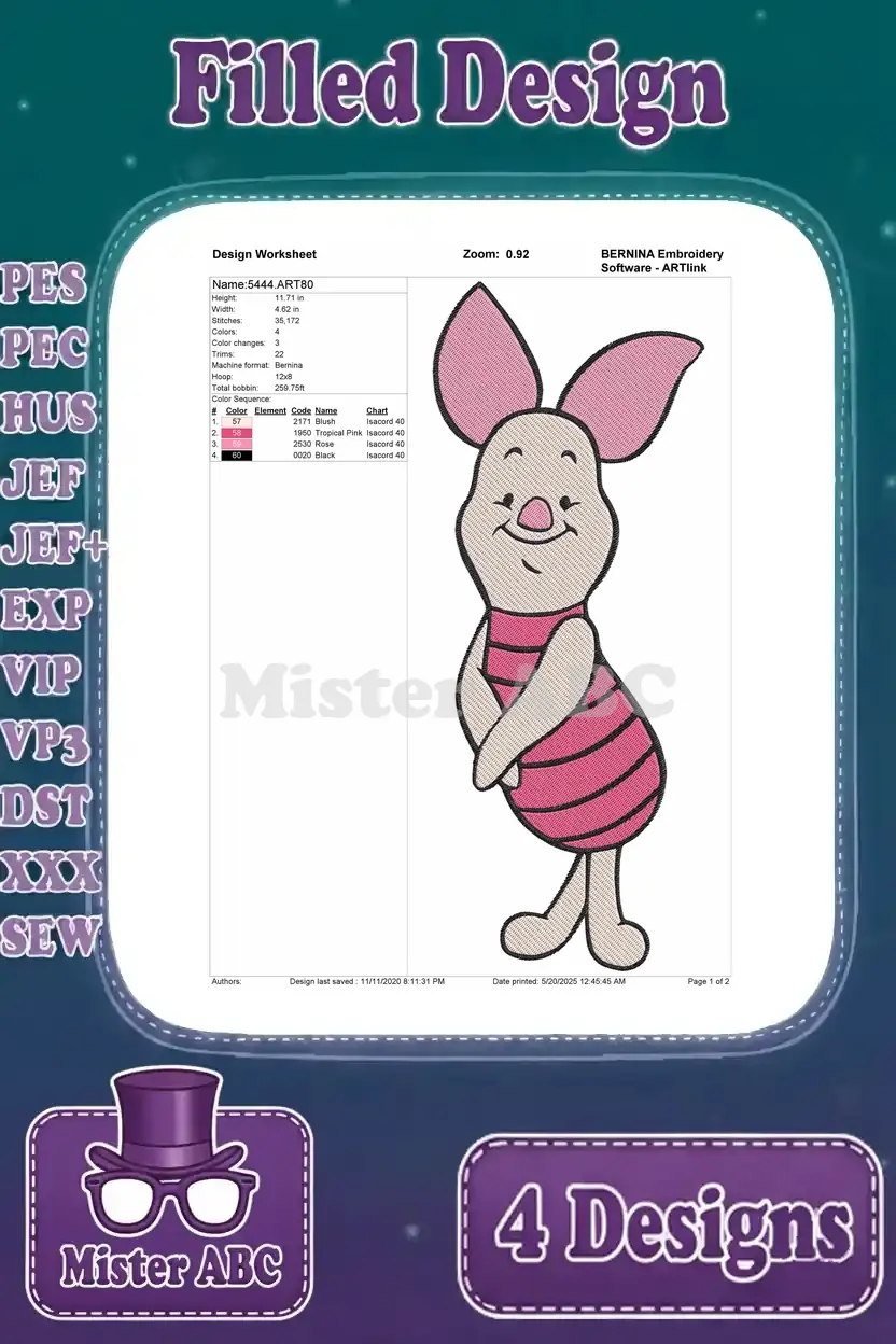 Detailed design worksheet for a filled embroidery of Piglet standing with arms crossed, showing stitch counts and colors.