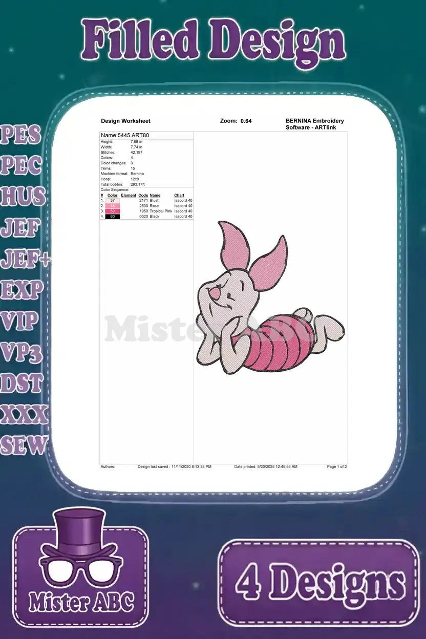 Detailed design worksheet for a filled embroidery of Piglet lying down, showing stitch counts and colors.