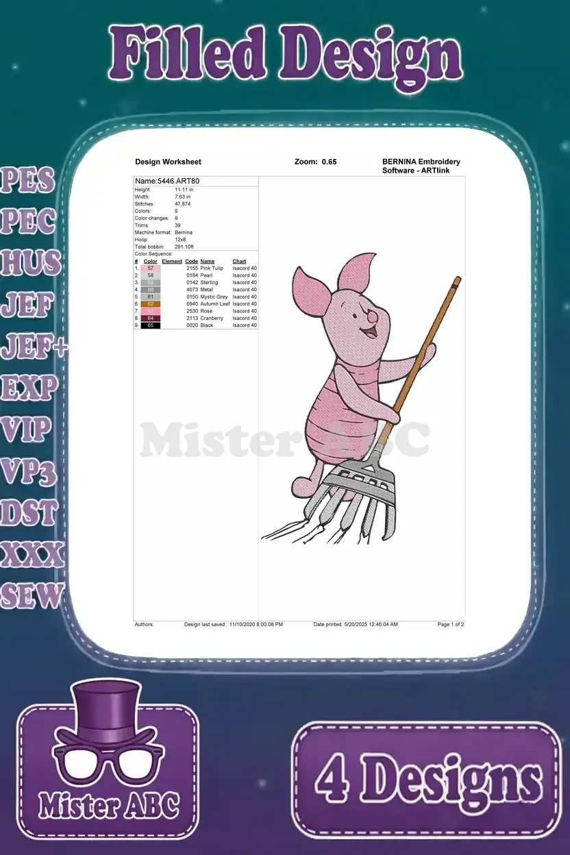 Detailed design worksheet for a filled embroidery of Piglet sweeping with a rake, showing stitch counts and colors.