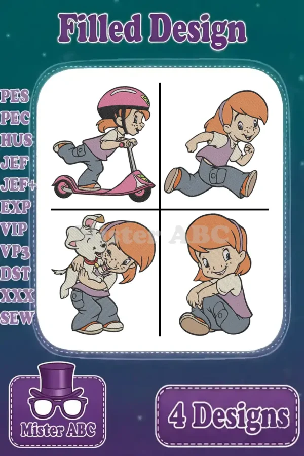 Main image displaying four filled embroidery designs of a cartoon girl: on a scooter, running, hugging a dog, and sitting.