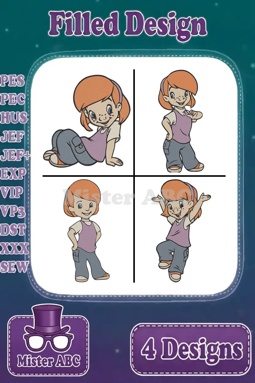 Main product image showing four distinct filled embroidery designs of a cute cartoon girl with orange hair and freckles.